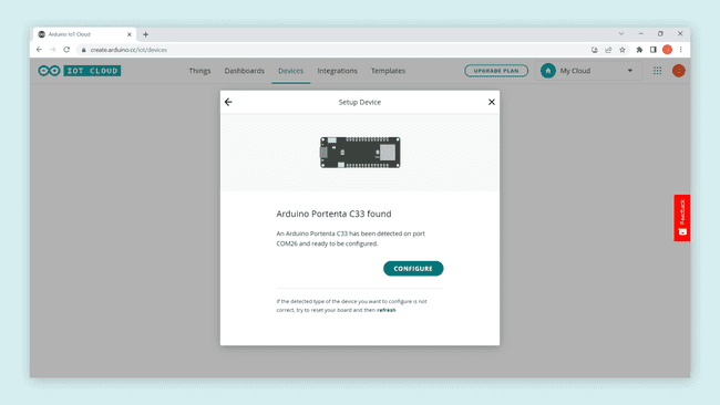 Arduino Cloud Setup Device pop-up window